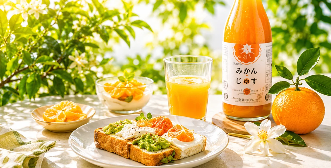 朝食と柑橘食品を並べた食卓